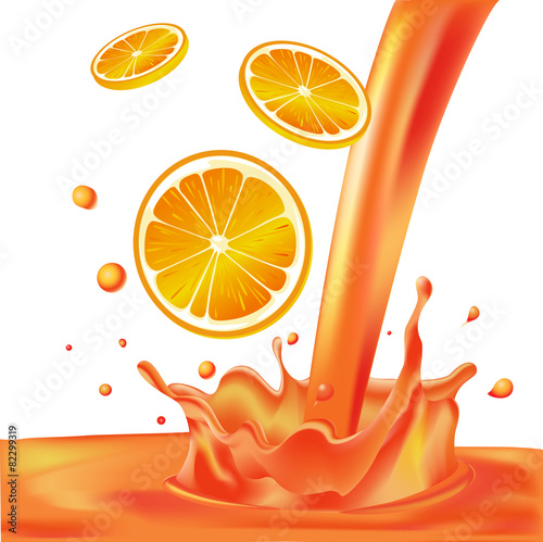 orange splash of liquid with pieces of fruit - vector