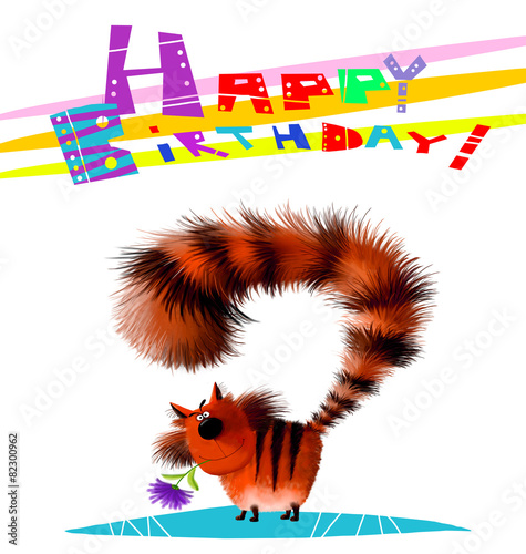 Canvas Print Happy Birthday Card Striped Cat with Flower in Mouth