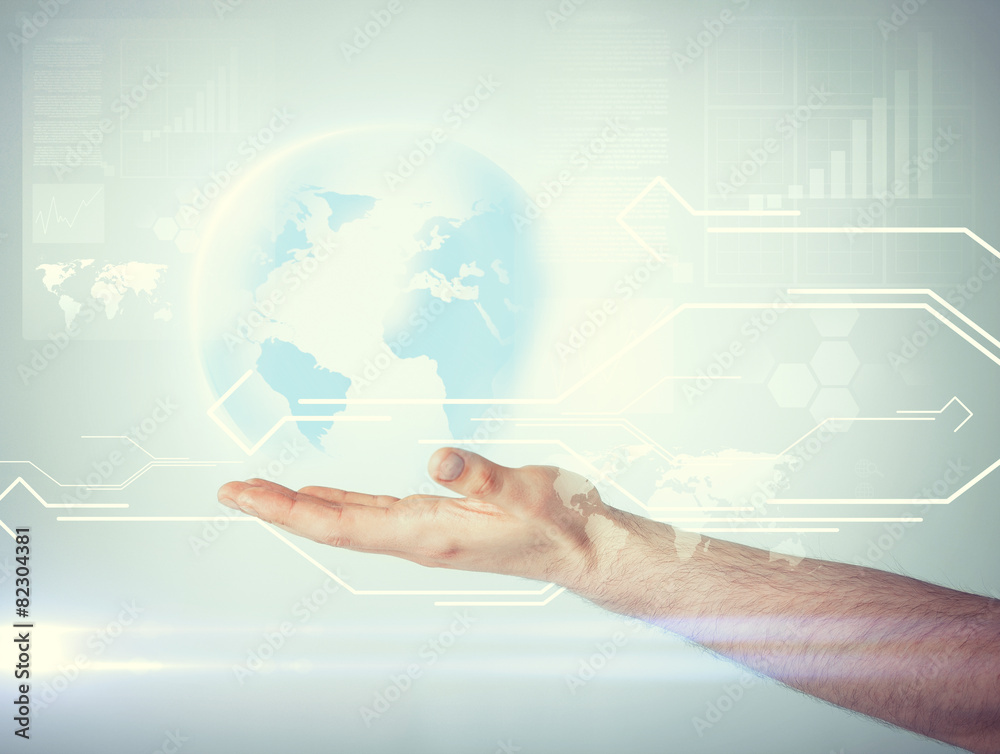 hand holding virtual sphere globe