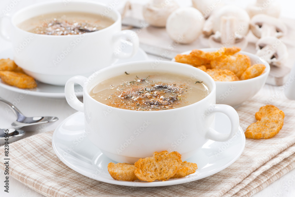 mushroom soup puree with croutons, selective focus mushroom soup puree with croutons, selective focus