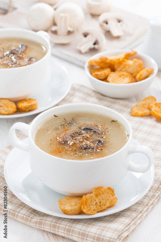 mushroom soup puree with croutons, vertical mushroom soup puree with croutons, vertical