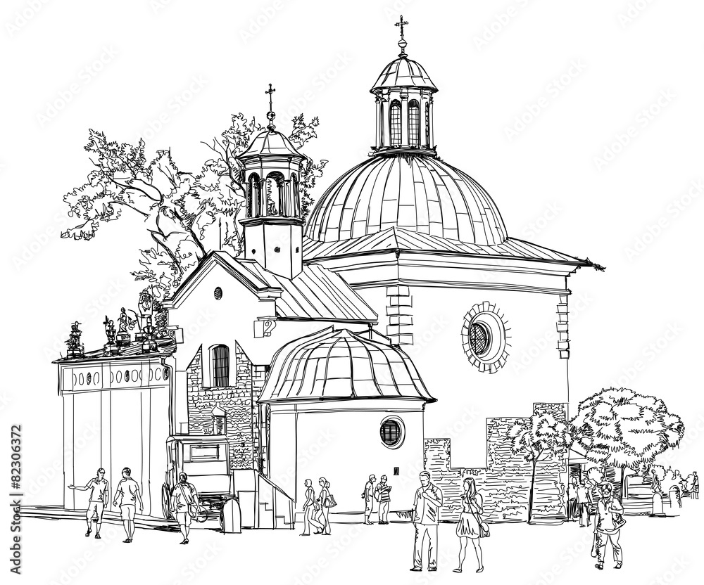 Obraz premium The town square in Krakow. Poland. Black & white vector sketch