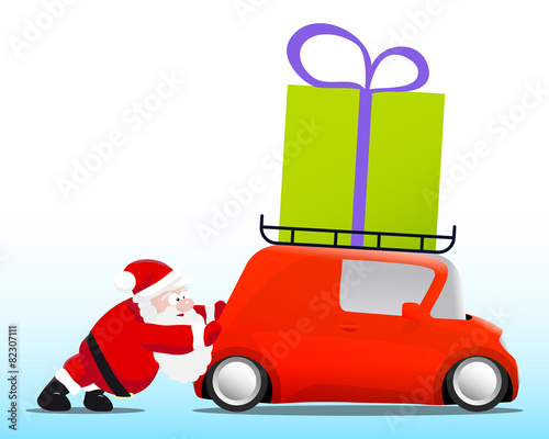 Santa pushing a red mini car with a gift box