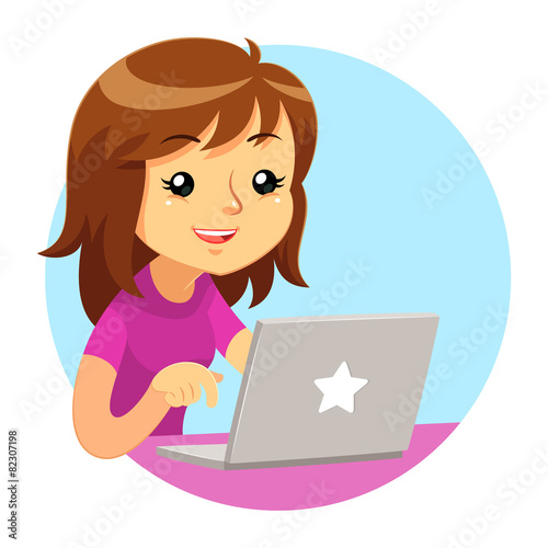 Girl Wearing Purple Shirt Using Grey Laptop.