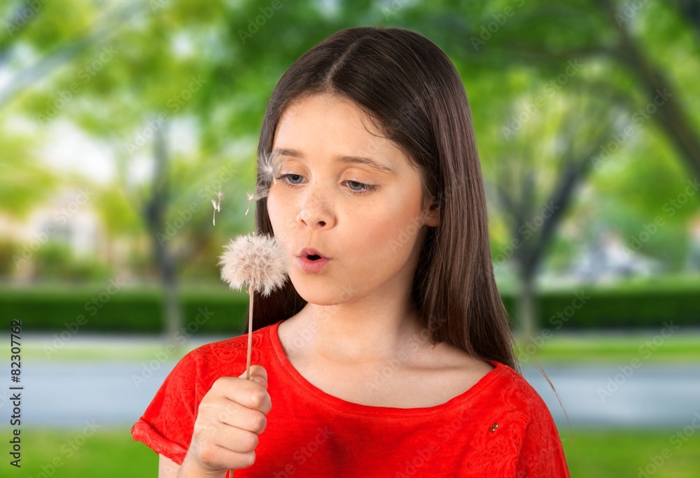 Child. Beautiful blond kid blow dandelion outdoor Child. Beautiful blond kid blow dandelion outdoor