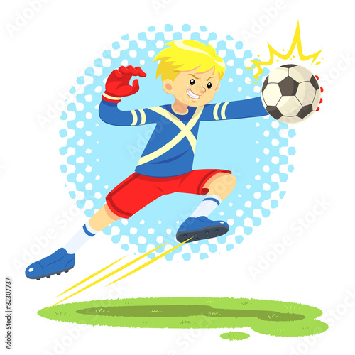 Soccer Boy Jump Aside To Catch The Ball.