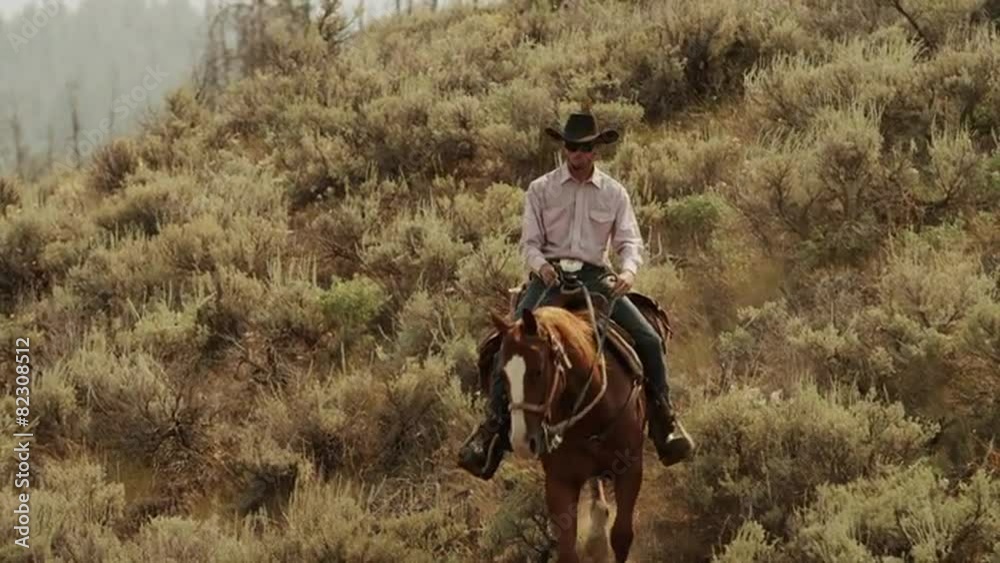 Medium shot of young man horseback riding down hillside / Idaho, United States Medium shot of young man horseback riding down hillside / Idaho, United States