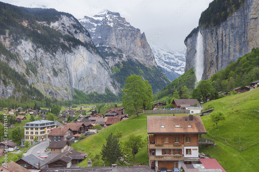 Stunning Landscape of Lauterbrunnen valley in the Bernese Alps,