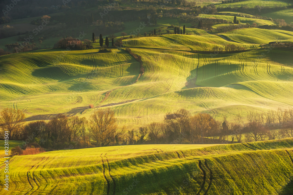 Beautiful Tuscan landscape with long shadows and mists