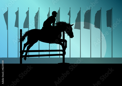 Horse jumping, overcoming obstacles, equestrian sport show with