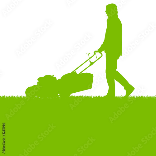 Man with lawn mover cutting grass vector background ecology conc