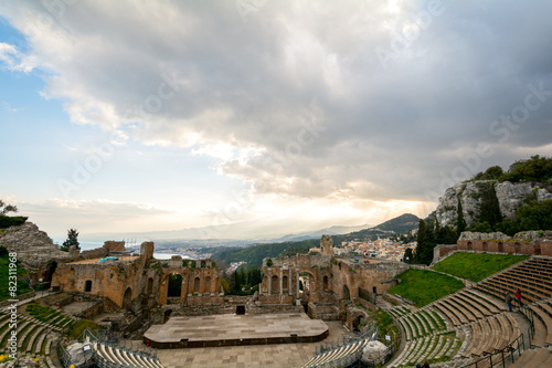 Ruins of the ancient greek theater of Taormina, Sicily the Etna
