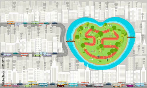 park in the city . traffic jam in city background