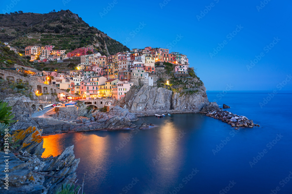 Manarola town on the coast of Ligurian Sea at night, Italy
