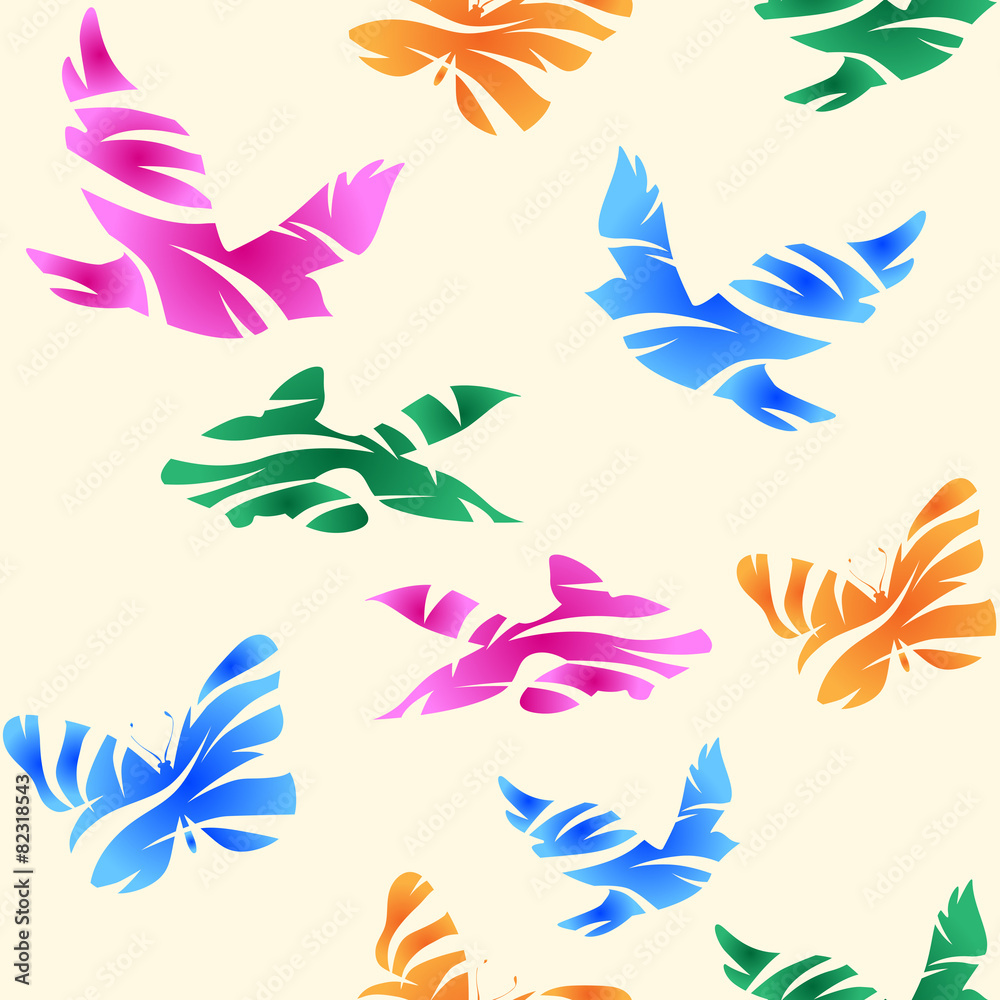 Seamless pattern with birds, fishes and butterflies. Vector.