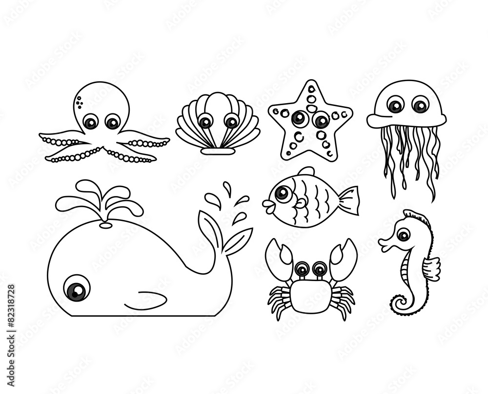 Vector Set of Cute Sea animal cartoon Stock Vector | Adobe Stock