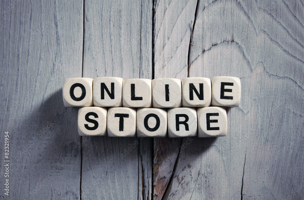 Fototapeta premium Online Store written on wooden blocks. Vintage style.