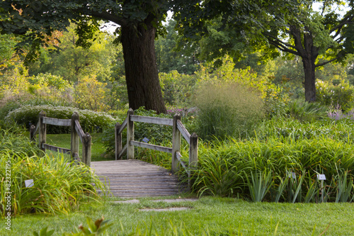 Wooden bridge in the middle of a park surrounded by greenery