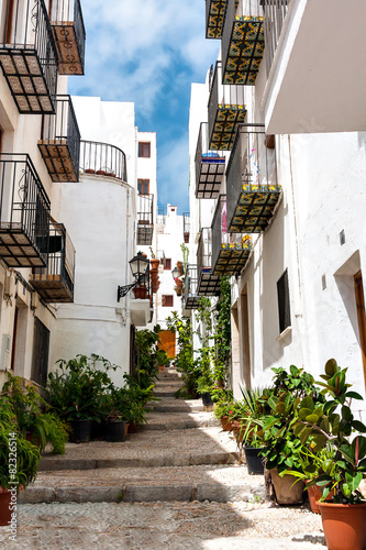 Fototapeta Naklejka Na Ścianę i Meble -  Beautiful street with white houses and flowers in Valencia.