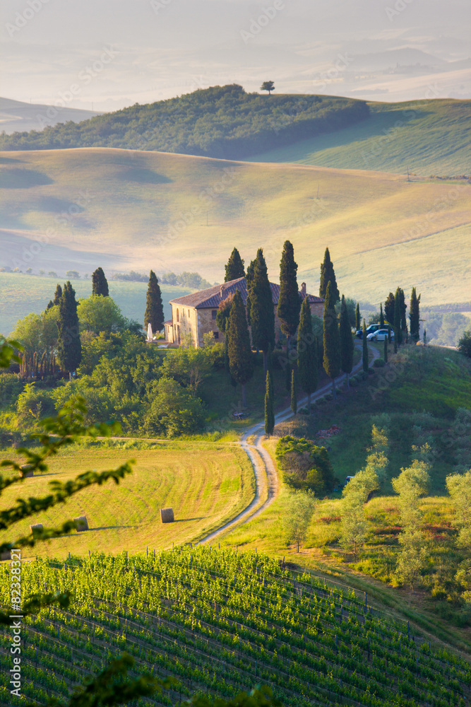 Tuscany, landscape and farmhouse in the hills of Val d'Orcia