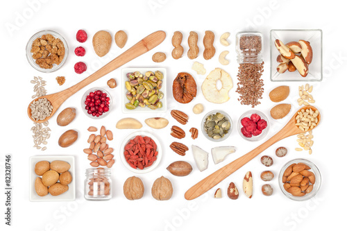 nuts and dried fruits on white background