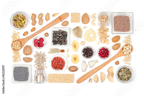 nuts and dried fruits on white background