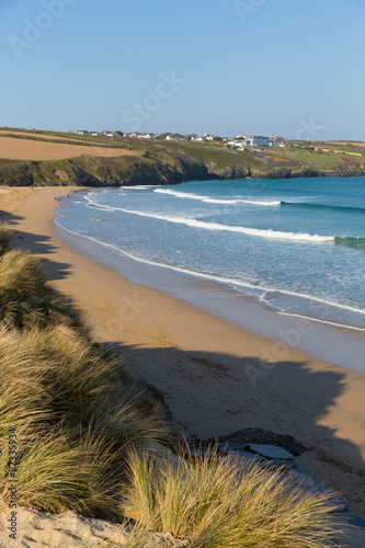 Crantock beach view to West Pentire Cornwall and Bowgie
