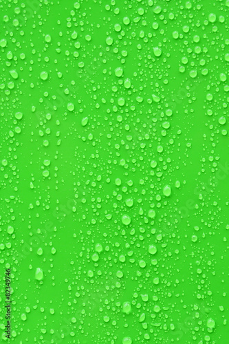 Close up water drop on green background.