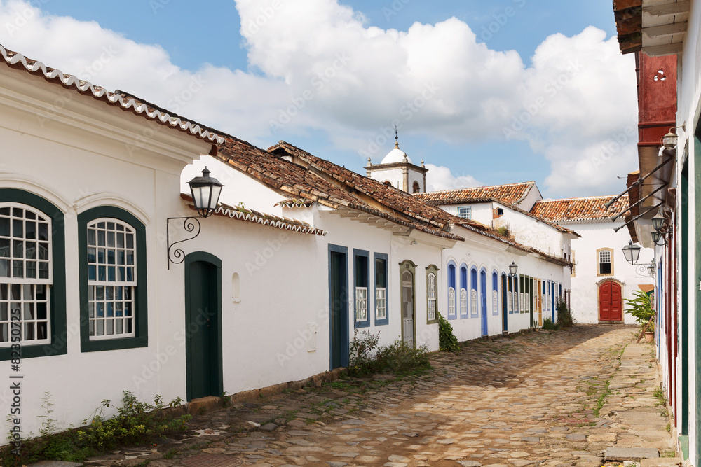 Old portuguese colonial houses and church in historic downtown o
