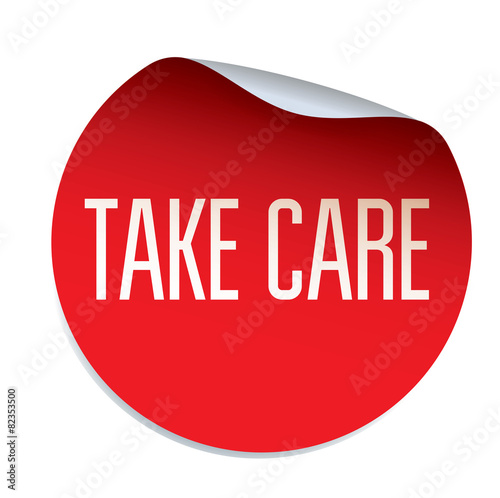 Red vector sticker TAKE CARE