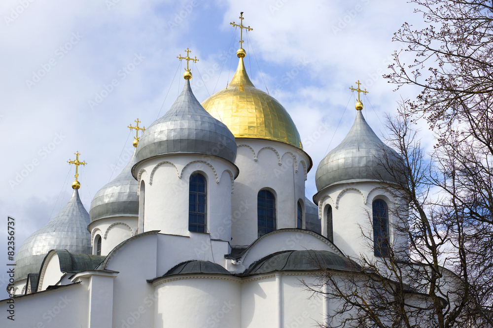 Купола Софийского собора крупным планом. Великий Новгород