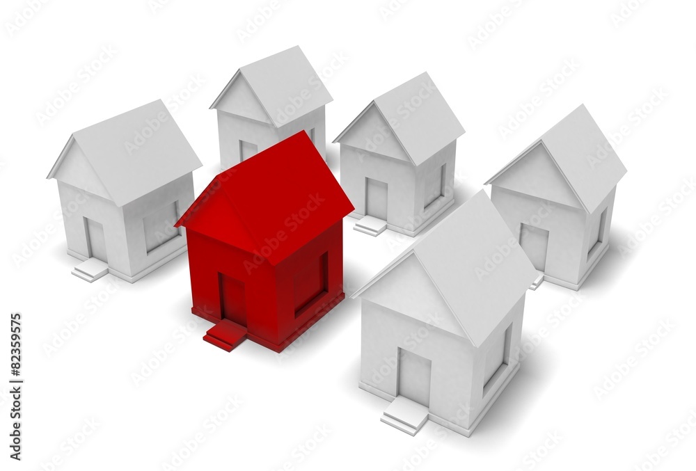 Residential District. 3D. Hundreds of Houses, One Red Residential District. 3D. Hundreds of Houses, One Red