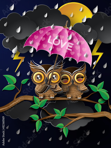 Owl holding an umbrella in the rain.