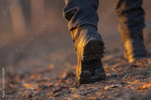 Closeup of woman legs hiking in nature at sunset.
