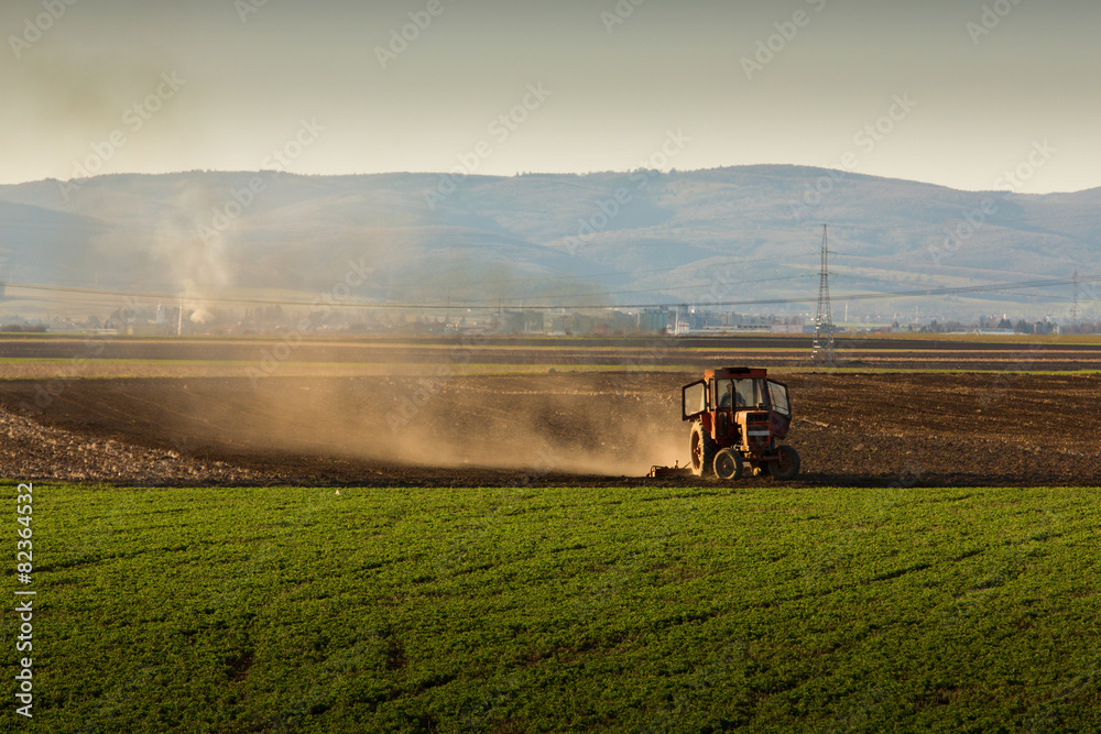 Fototapeta premium Tractor in sunset plowing the field
