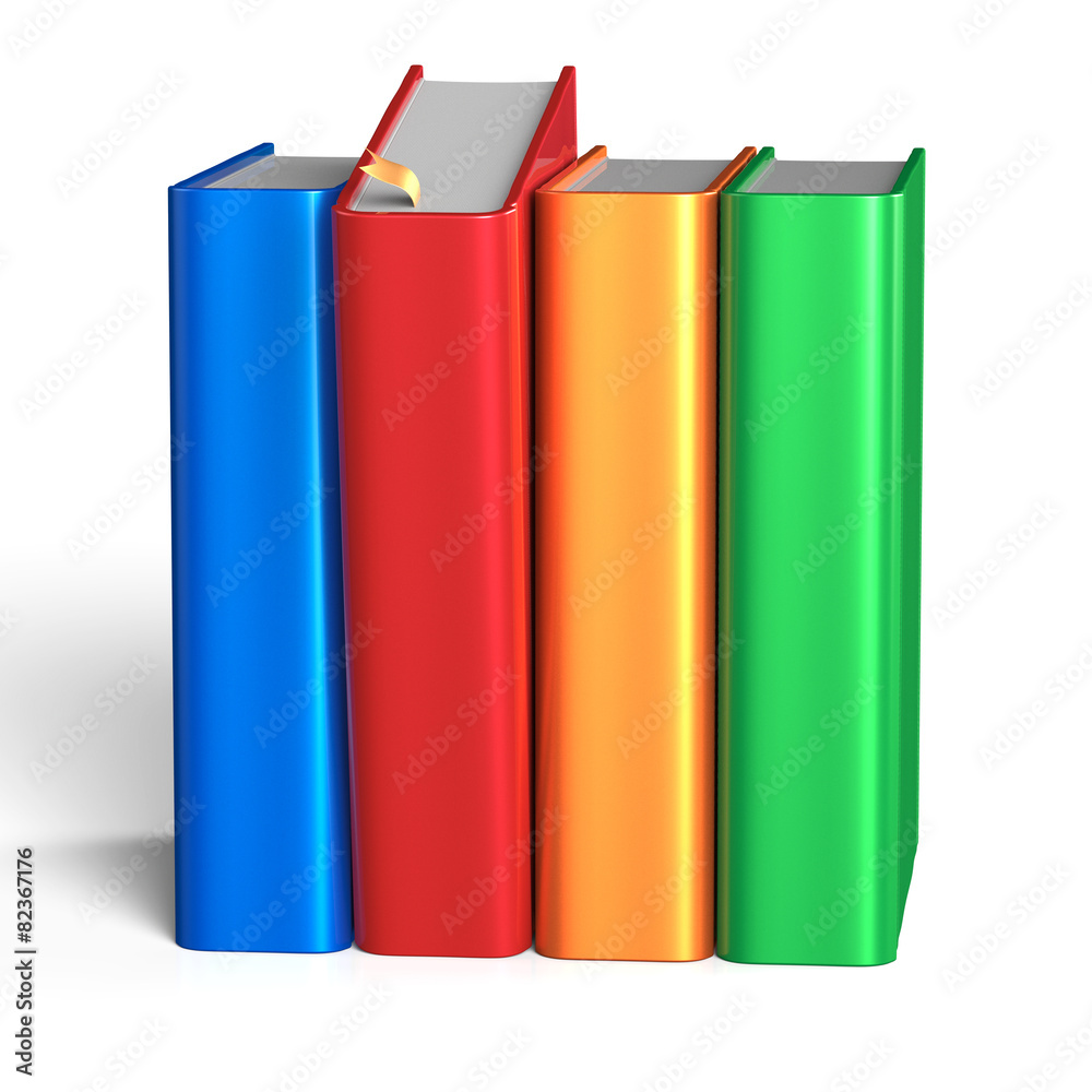 Selecting red book from bookshelf four books row choosing one Selecting red book from bookshelf four books row choosing one