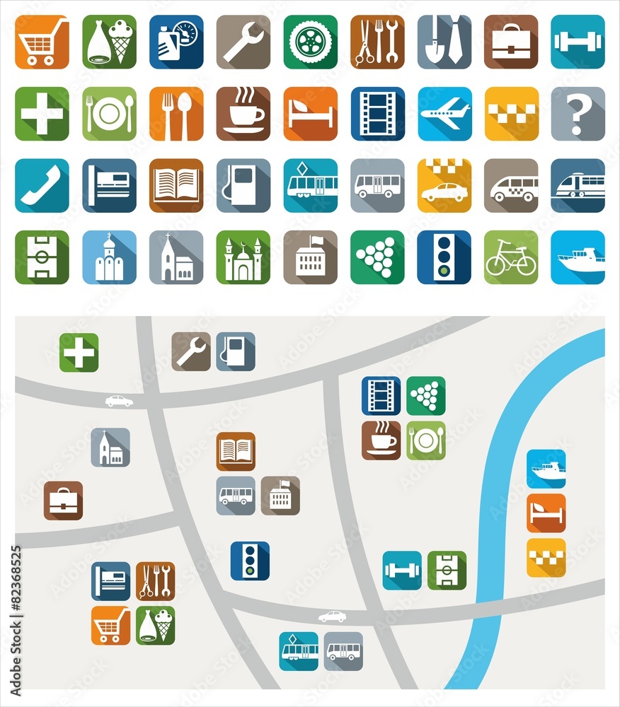City map, color icons, service, urban services. City map, color icons, service, urban services.