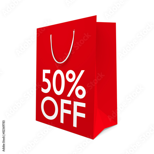 Red paper shopping bag for a 50 percent off sale