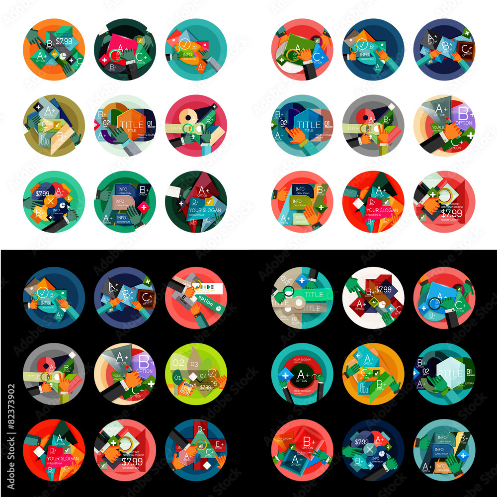 Flat design round labels, option infographics Flat design round labels, option infographics