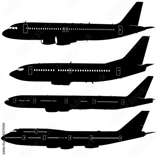 Collection of different aircraft silhouettes. vector illustrat