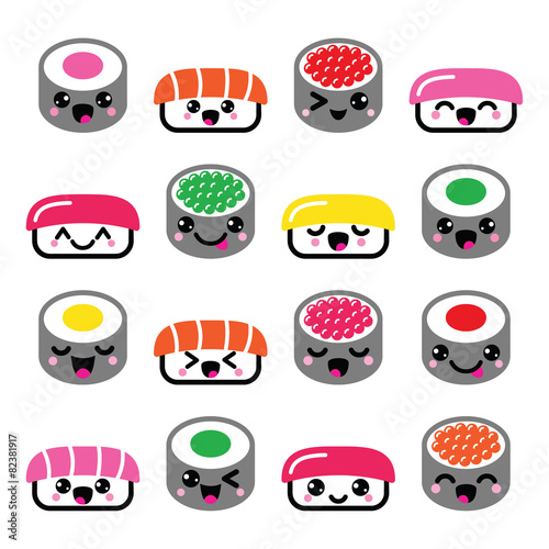 Cute Kawaii sushi - Japanese food vector icons set