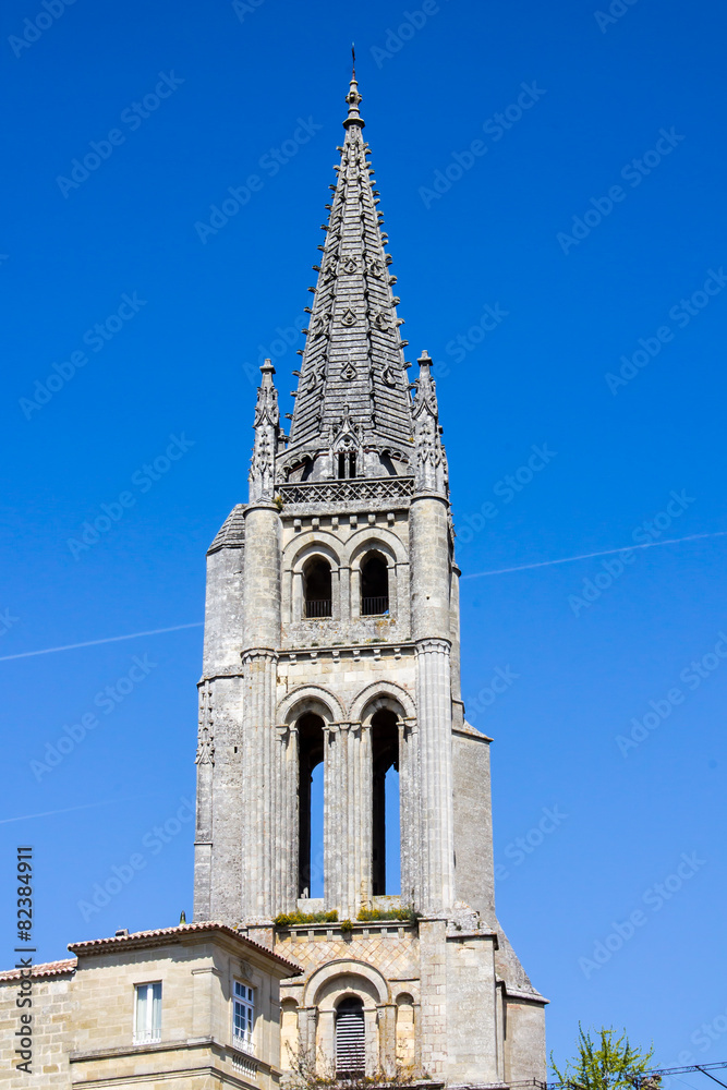 the bell tower of the monolithic church in Saint Emilion, near B