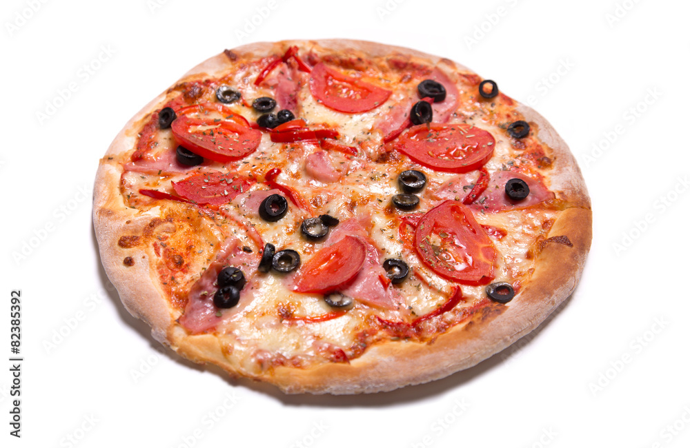 Delicious Italian pizza with ham, tomatoes, and olives