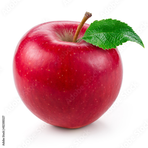Fresh red apple with leaf isolated on white.