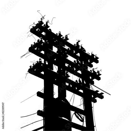 Old decrepit wooden telephone pole on  white background. Vector