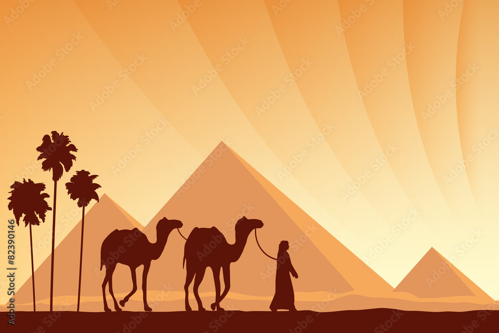 Egypt Great Pyramids with Camel caravan on sunset background