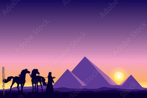 Egypt Great Pyramids with Bedouin and horses silhouettes on suns