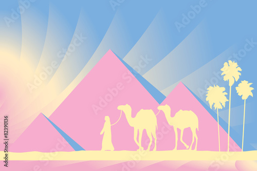 Egypt Great Pyramids with Camel caravan on sunset background