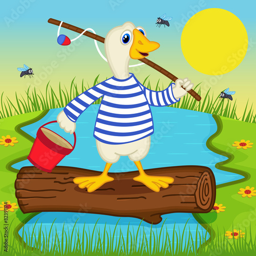 goose goes fishing - vector illustration, eps