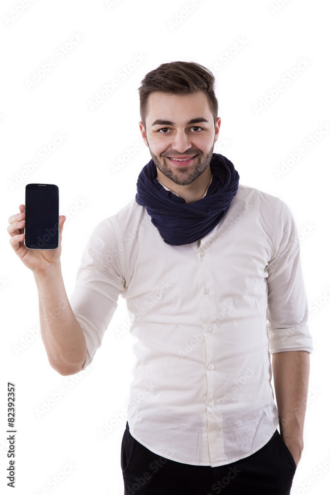 young businessman showing his mobile to camera young businessman showing his mobile to camera